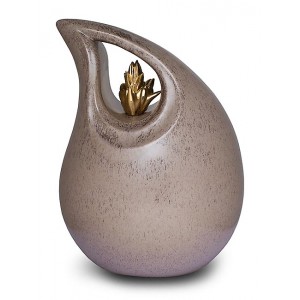 Ceramic (Small Size) – Pet Cremation Ashes Urn – Teardrop Design (Neutral with Gold Flame Motif)